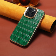 For iPhone 16 Pro Max Denior Crocodile Texture Genuine Leather Electroplating Phone Case(Green)
