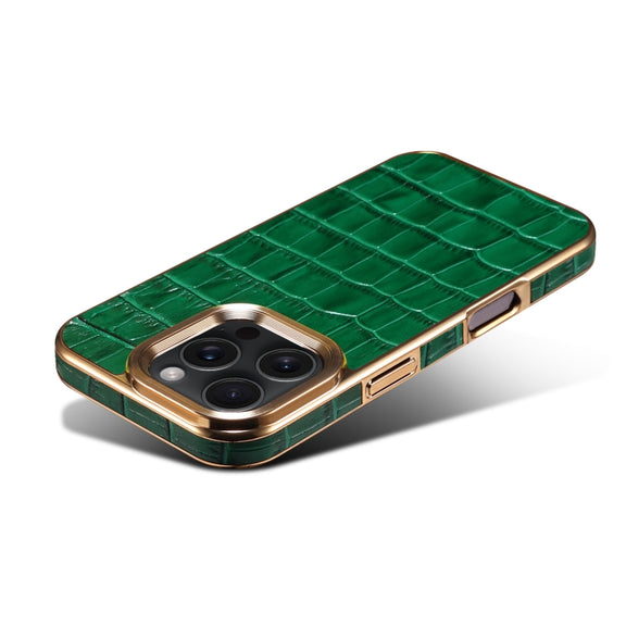 For iPhone 16 Pro Max Denior Crocodile Texture Genuine Leather Electroplating Phone Case(Green)