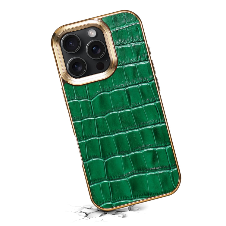 For iPhone 16 Pro Max Denior Crocodile Texture Genuine Leather Electroplating Phone Case(Green)