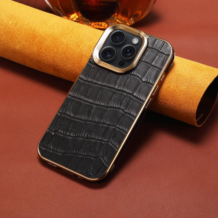 For iPhone 16 Pro Max Denior Crocodile Texture Genuine Leather Electroplating Phone Case(Black)