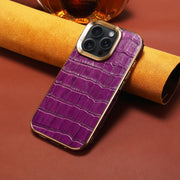 For iPhone 16 Pro Denior Crocodile Texture Genuine Leather Electroplating Phone Case(Purple)