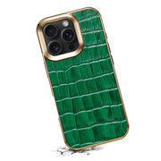 For iPhone 16 Pro Denior Crocodile Texture Genuine Leather Electroplating Phone Case(Green)