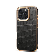 For iPhone 16 Pro Denior Crocodile Texture Genuine Leather Electroplating Phone Case(Black)