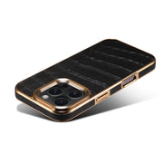 For iPhone 16 Pro Denior Crocodile Texture Genuine Leather Electroplating Phone Case(Black)