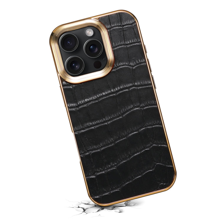 For iPhone 16 Pro Denior Crocodile Texture Genuine Leather Electroplating Phone Case(Black)