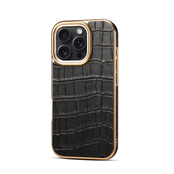 For iPhone 16 Pro Denior Crocodile Texture Genuine Leather Electroplating Phone Case(Black)