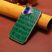 For iPhone 16 Plus Denior Crocodile Texture Genuine Leather Electroplating Phone Case(Green)