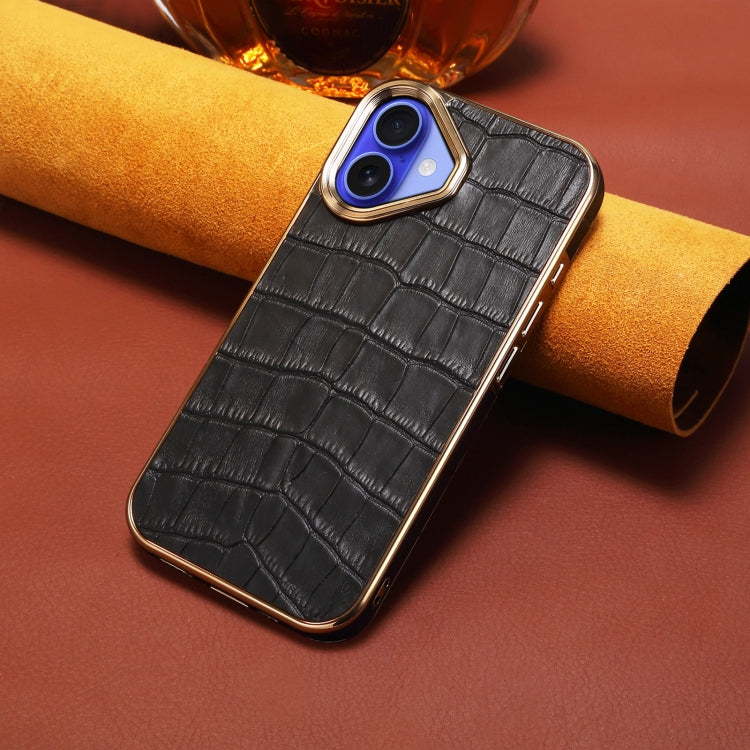 For iPhone 16 Plus Denior Crocodile Texture Genuine Leather Electroplating Phone Case(Black)
