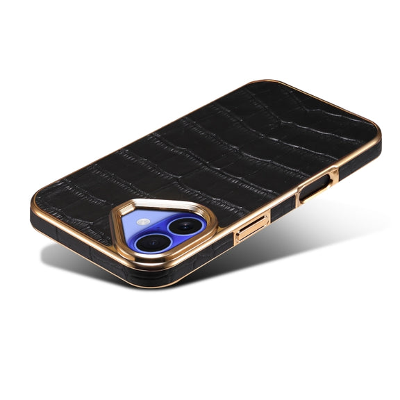 For iPhone 16 Plus Denior Crocodile Texture Genuine Leather Electroplating Phone Case(Black)