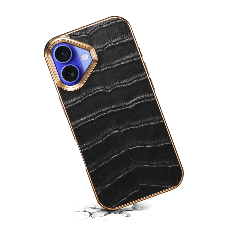 For iPhone 16 Plus Denior Crocodile Texture Genuine Leather Electroplating Phone Case(Black)
