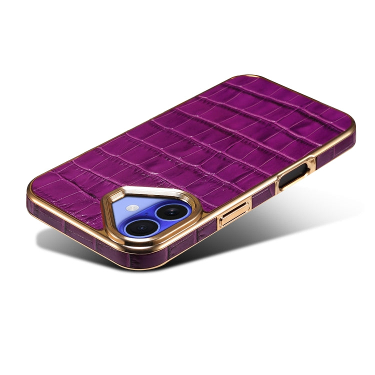 For iPhone 16 Denior Crocodile Texture Genuine Leather Electroplating Phone Case(Purple)