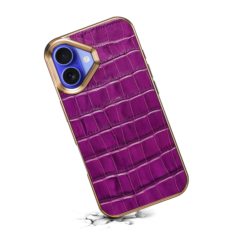 For iPhone 16 Denior Crocodile Texture Genuine Leather Electroplating Phone Case(Purple)