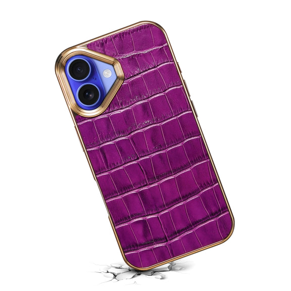 For iPhone 16 Denior Crocodile Texture Genuine Leather Electroplating Phone Case(Purple)