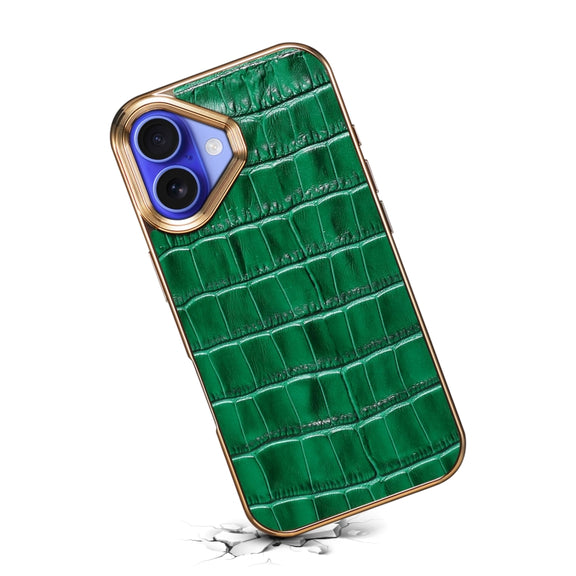 For iPhone 16 Denior Crocodile Texture Genuine Leather Electroplating Phone Case(Green)