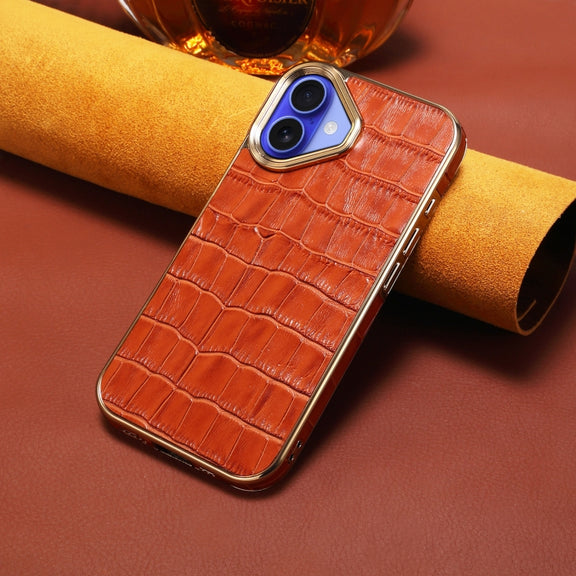 For iPhone 16 Denior Crocodile Texture Genuine Leather Electroplating Phone Case(Mocha Brown)
