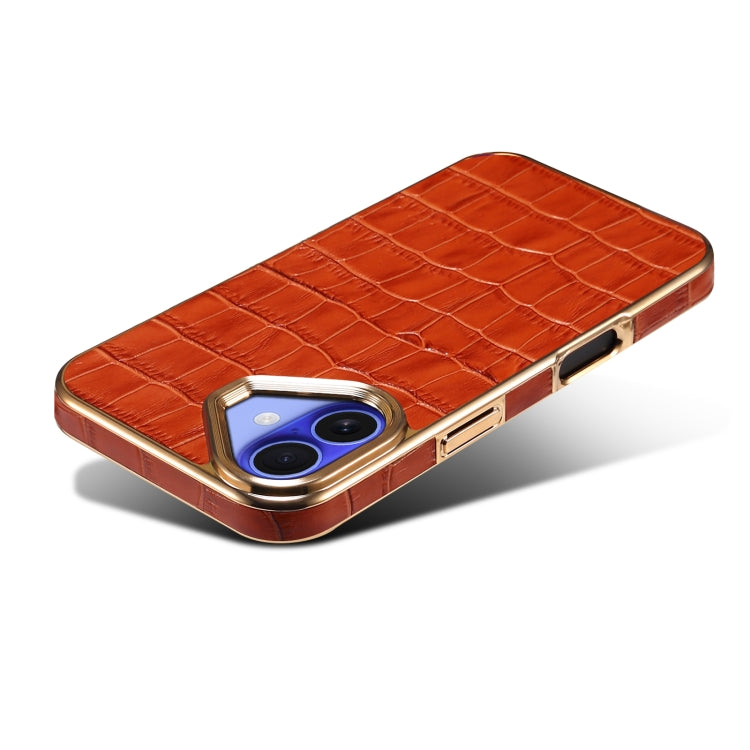 For iPhone 16 Denior Crocodile Texture Genuine Leather Electroplating Phone Case(Mocha Brown)