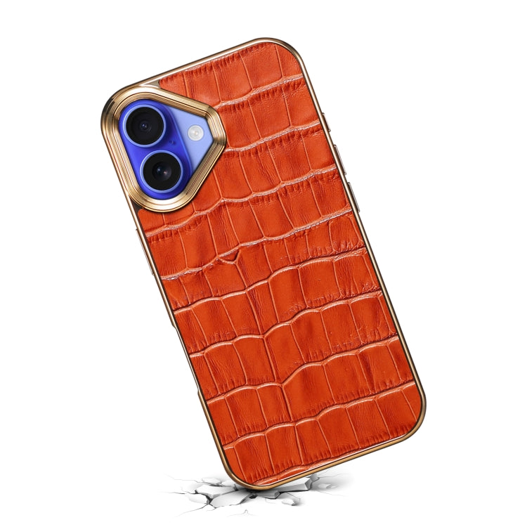 For iPhone 16 Denior Crocodile Texture Genuine Leather Electroplating Phone Case(Mocha Brown)