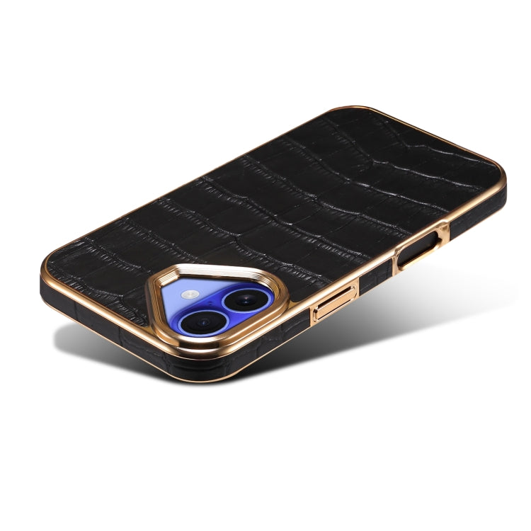 For iPhone 16 Denior Crocodile Texture Genuine Leather Electroplating Phone Case(Black)