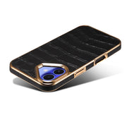 For iPhone 16 Denior Crocodile Texture Genuine Leather Electroplating Phone Case(Black)