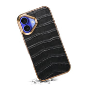 For iPhone 16 Denior Crocodile Texture Genuine Leather Electroplating Phone Case(Black)