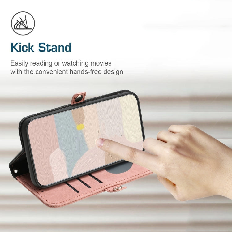 For iPhone 16e Side Buckle Double Fold Hand Strap Leather Phone Case(Pink)