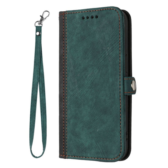 For iPhone 16 Plus Side Buckle Double Fold Hand Strap Leather Phone Case(Dark Green)
