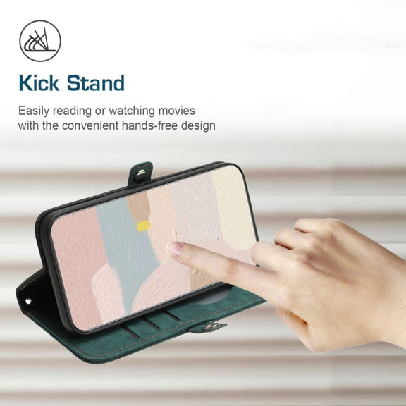 For iPhone 16 Plus Side Buckle Double Fold Hand Strap Leather Phone Case(Dark Green)