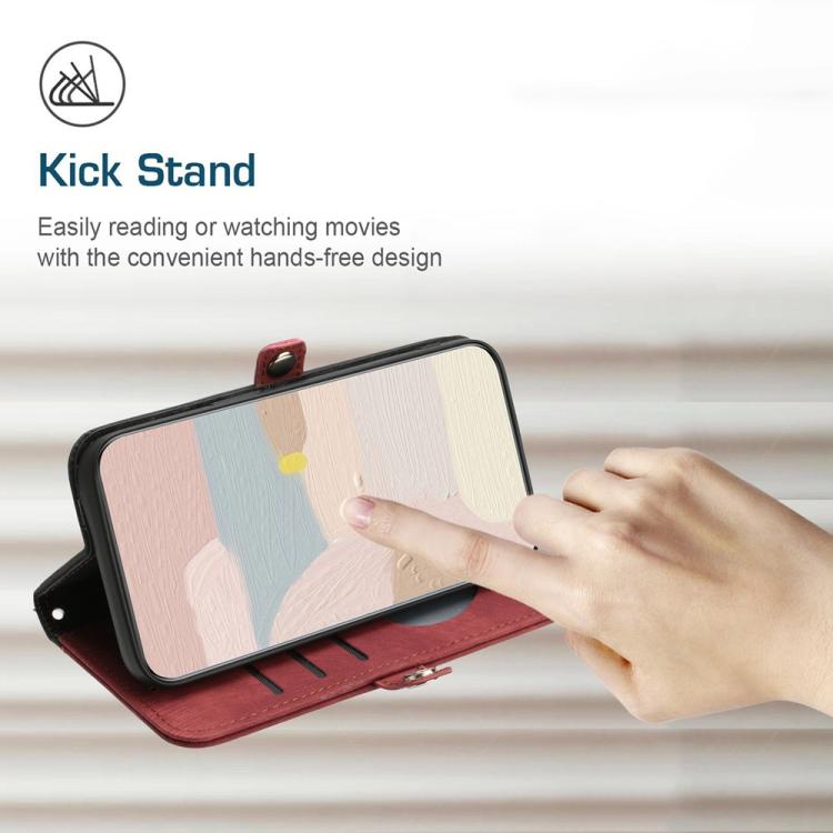 For iPhone 17 Side Buckle Double Fold Hand Strap Leather Phone Case(Red)