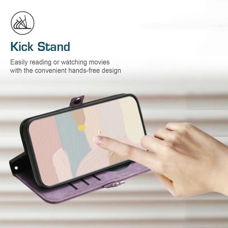 For iPhone 17 Side Buckle Double Fold Hand Strap Leather Phone Case(Purple)