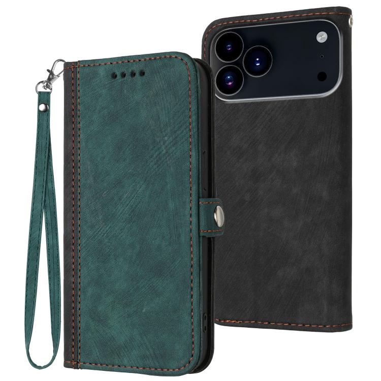 For iPhone 17 Pro Max Side Buckle Double Fold Hand Strap Leather Phone Case(Dark Green)