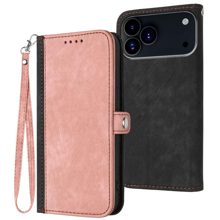 For iPhone 17 Pro Max Side Buckle Double Fold Hand Strap Leather Phone Case(Pink)