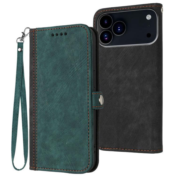 For iPhone 17 Pro Side Buckle Double Fold Hand Strap Leather Phone Case(Dark Green)