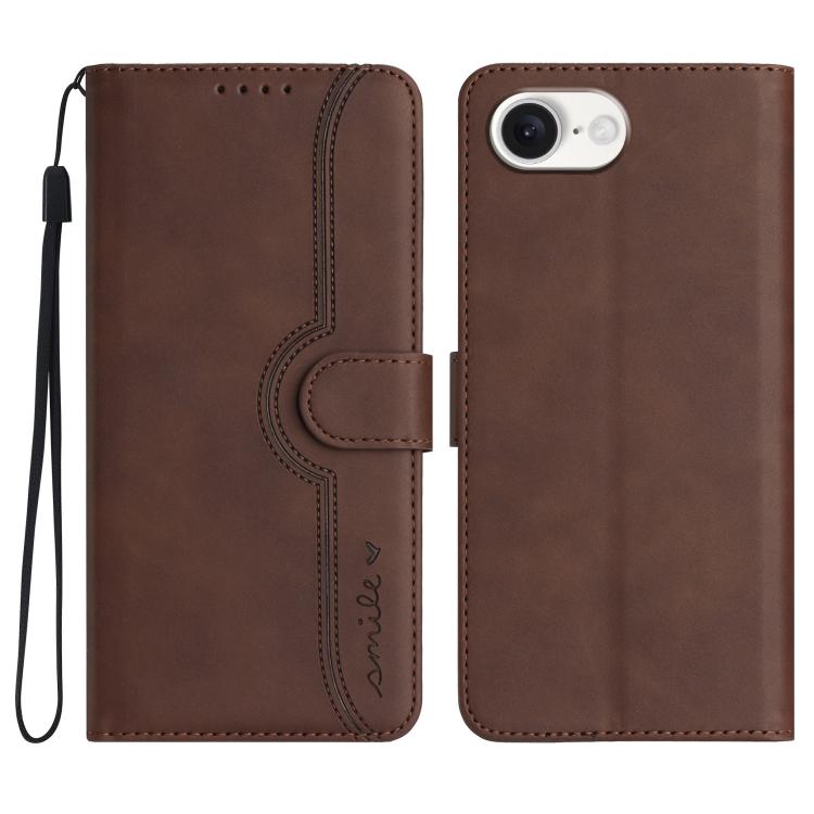 For iPhone 16e Heart Pattern Skin Feel Leather Phone Case(Brown)