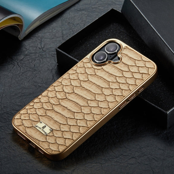 For iPhone 16 Plus Fierre Shann Python Texture Electroplating PU Phone Case(White)