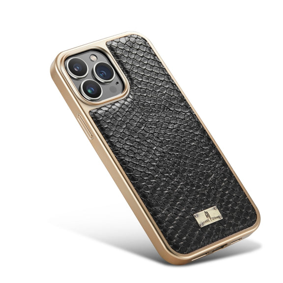 For iPhone 15 Pro Max Fierre Shann Snake Texture Electroplating PU Phone Case(Black)