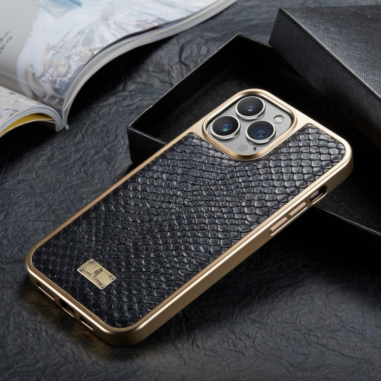 For iPhone 15 Pro Max Fierre Shann Snake Texture Electroplating PU Phone Case(Black)