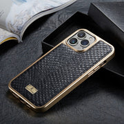 For iPhone 15 Pro Max Fierre Shann Snake Texture Electroplating PU Phone Case(Black)