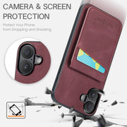 For iPhone 16 Fierre Shann Crazy Horse Card Holder Back Cover PU Phone Case(Wine Red)