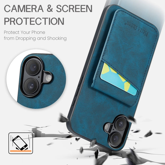 For iPhone 16 Fierre Shann Crazy Horse Card Holder Back Cover PU Phone Case(Blue)