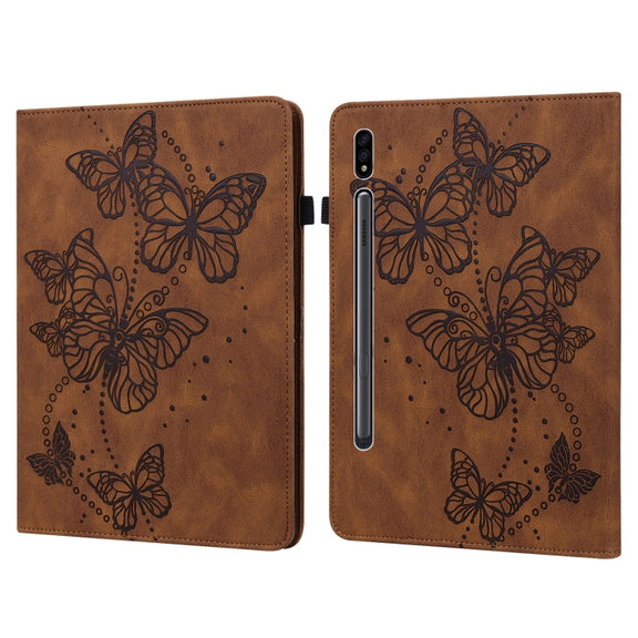 For Samsung Galaxy Tab S9 Embossed Butterfly Pattern Leather Tablet Case(Brown)