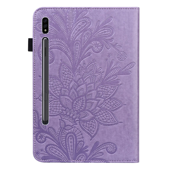 For Samsung Galaxy Tab S9 Lace Flower Embossing Pattern Leather Tablet Case(Purple)