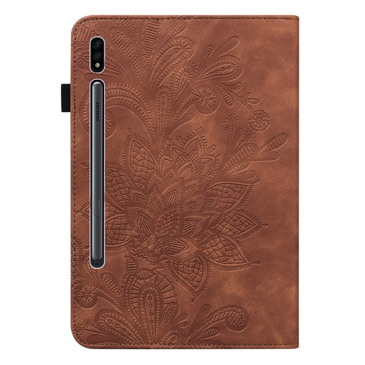 For Samsung Galaxy Tab S9 Lace Flower Embossing Pattern Leather Tablet Case(Brown)
