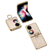 For Huawei P50 Pocket Plating Gradient Color Glitter Phone Case With Ring Holder(Gold)