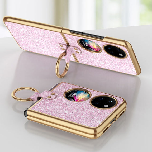 For Huawei P50 Pocket Plating Gradient Color Glitter Phone Case With Ring Holder(Pink)