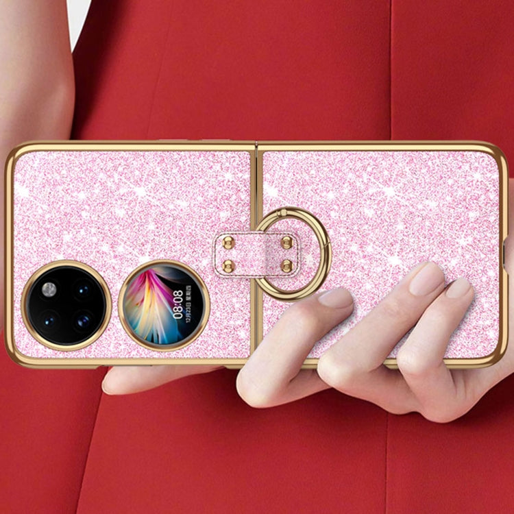 For Huawei P50 Pocket Plating Gradient Color Glitter Phone Case With Ring Holder(Pink)