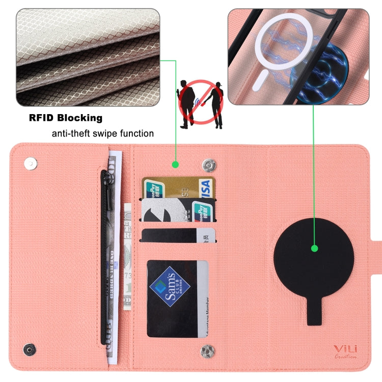 For iPhone 14 Pro ViLi GHB Series MagSafe Magnetic Zipper Leather Phone Case(Pink)