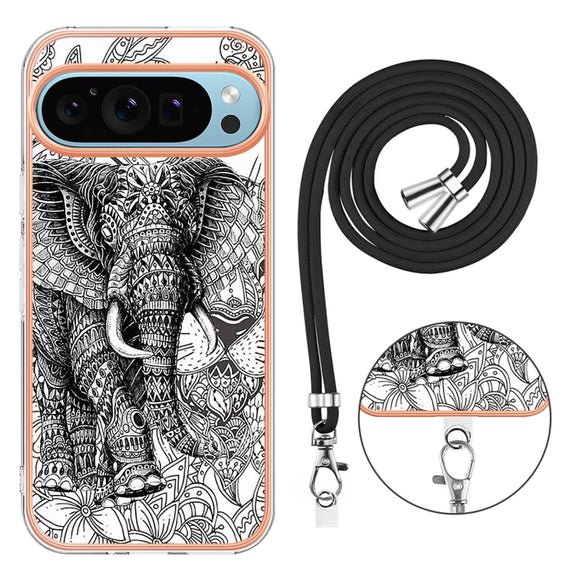 For Google Pixel 9 / 9 Pro Electroplating Dual-side IMD Phone Case with Lanyard(Totem Elephant)