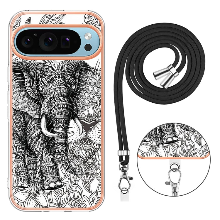 For Google Pixel 9 Pro XL Electroplating Dual-side IMD Phone Case with Lanyard(Totem Elephant)