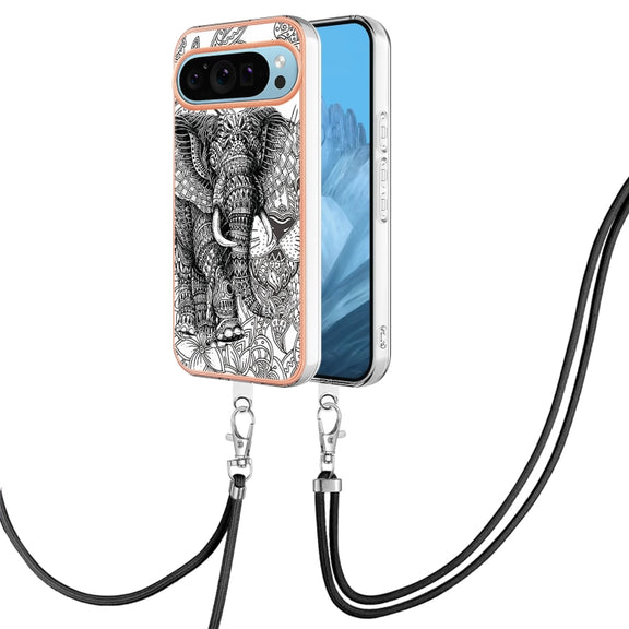 For Google Pixel 9 Pro XL Electroplating Dual-side IMD Phone Case with Lanyard(Totem Elephant)