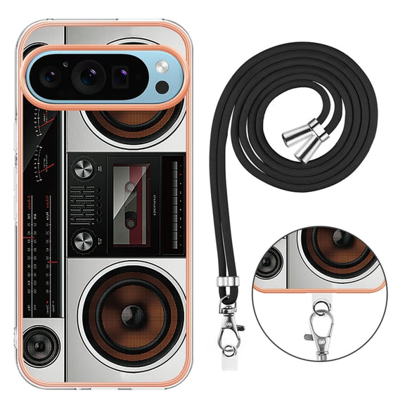 For Google Pixel 9 Pro XL Electroplating Dual-side IMD Phone Case with Lanyard(Retro Radio)